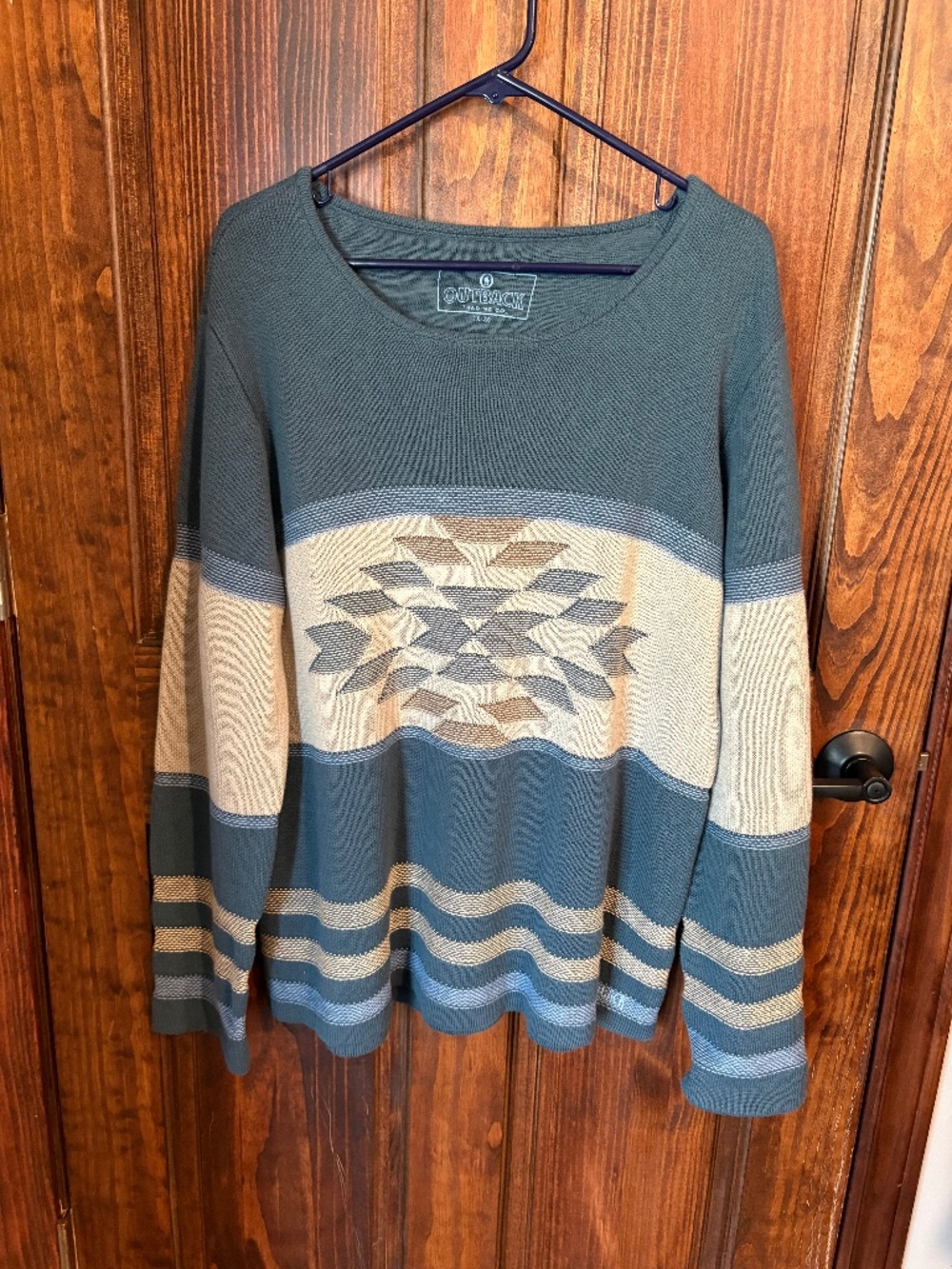 Outback size 1X/2X used sweater, blue and tan aztec print, Alta Sweater